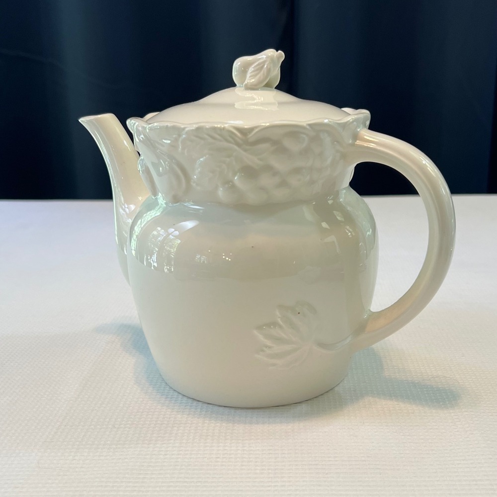 Vintage White Ceramic Teapot Embossed Fruit Design Japan Glossy Finish